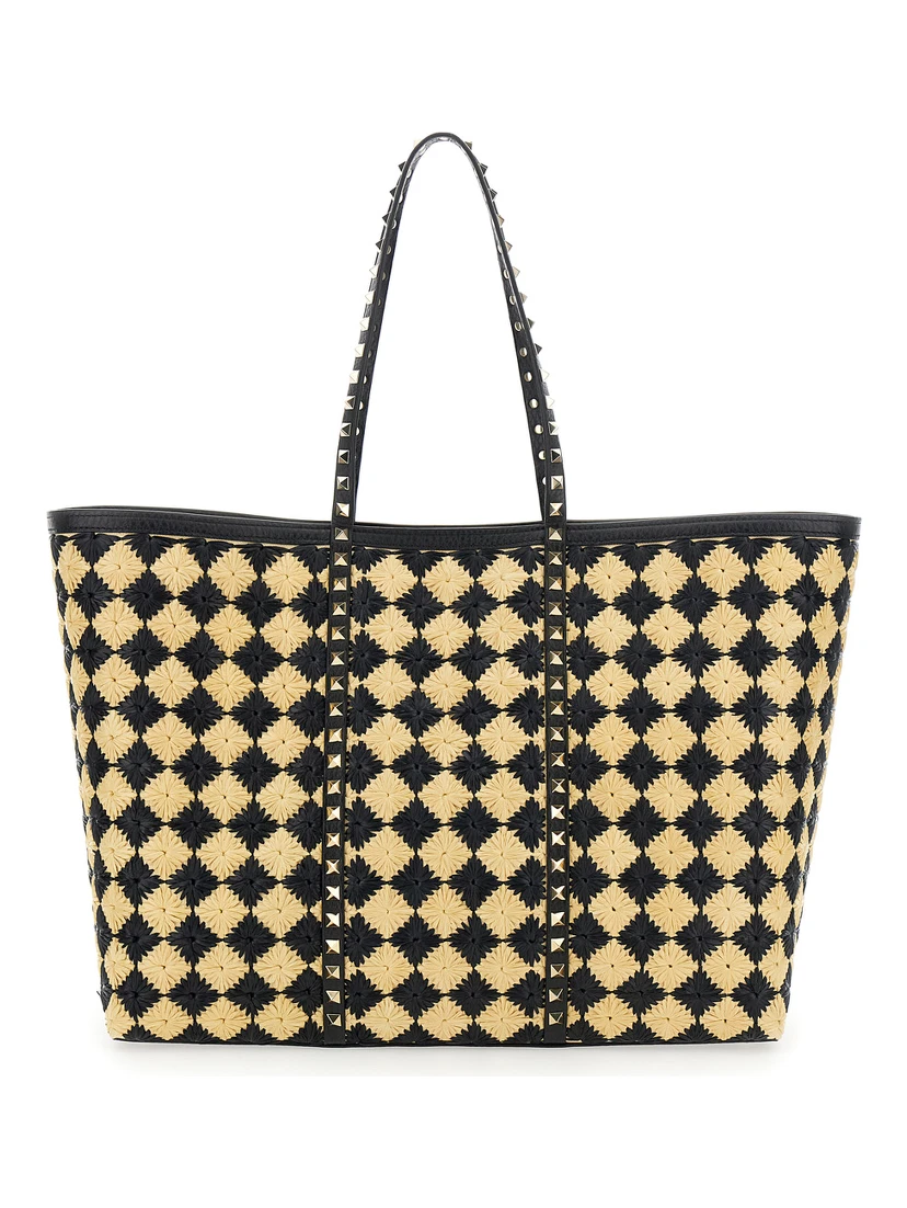 Beige Shopper with All-Over Diamond Pattern and Applied Rockstud Studs in Synthetic Raffia Woman