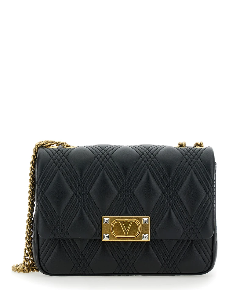 Quiltie 67 Black Shoulder Bag with VLogo Metallic Plate on the Front in Quilted Leather Woman