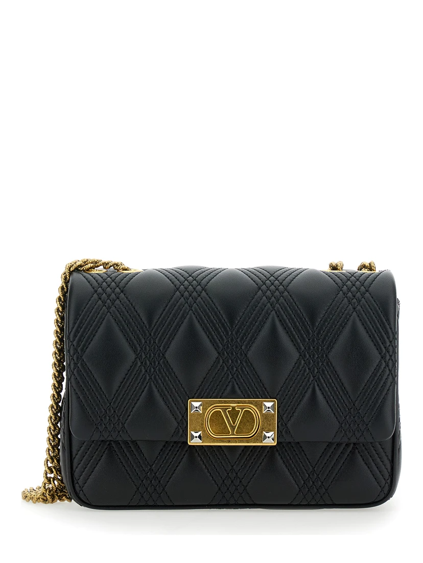 Quiltie 67 Black Shoulder Bag with VLogo Metallic Plate on the Front in Quilted Leather Woman