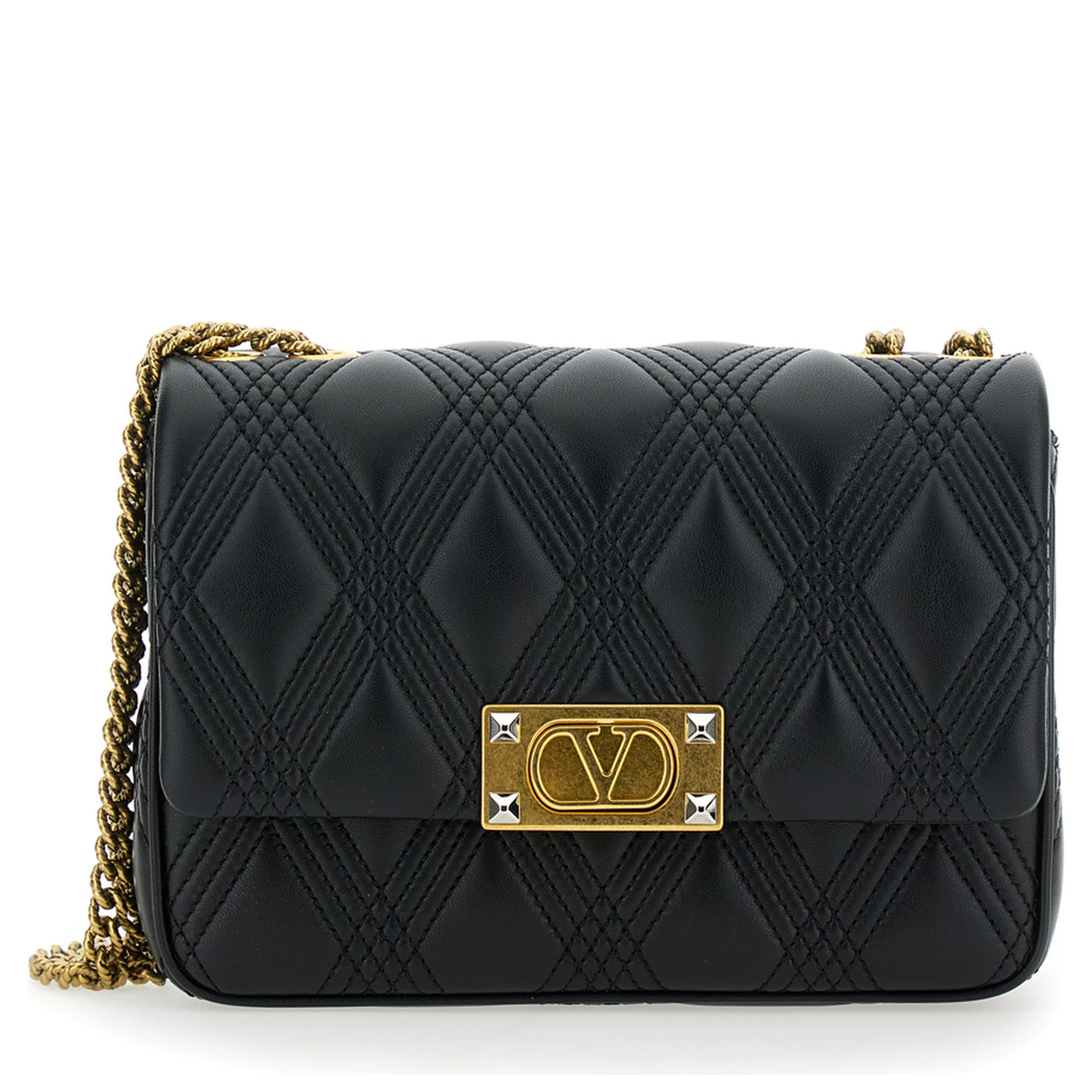 Quiltie 67 Black Shoulder Bag with VLogo Metallic Plate on the Front in Quilted Leather Woman