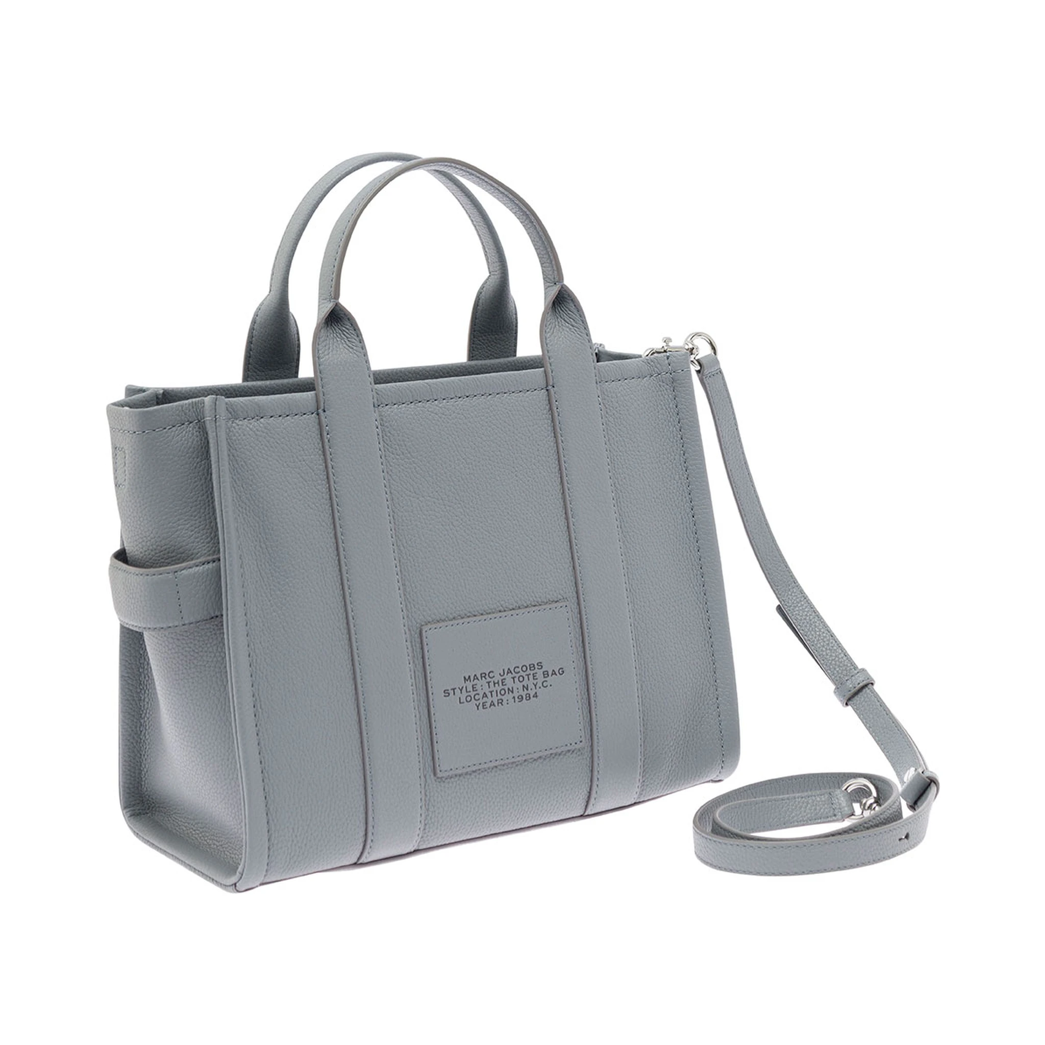The Medium Tote Bag Grey Shoulder Bag with Logo in Grainy Leather Woman