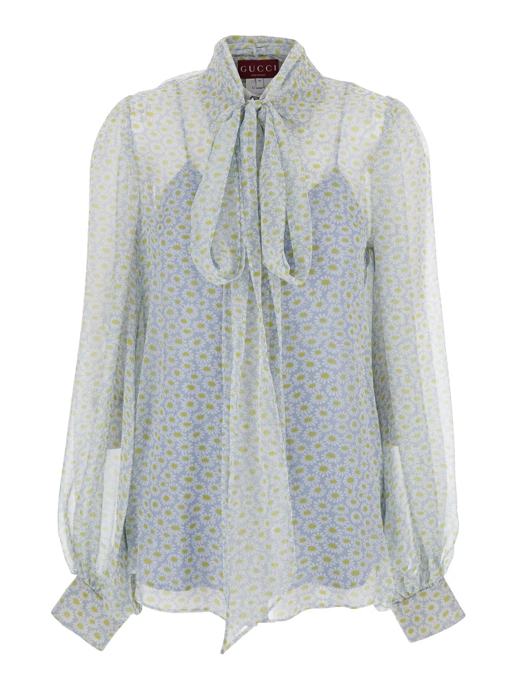 Grey Shirt with All-Over Floral Print in Silk Chiffon Woman