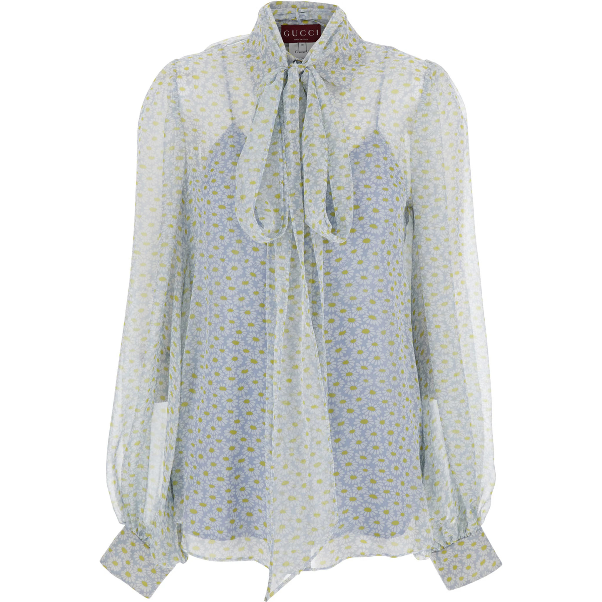 Grey Shirt with All-Over Floral Print in Silk Chiffon Woman