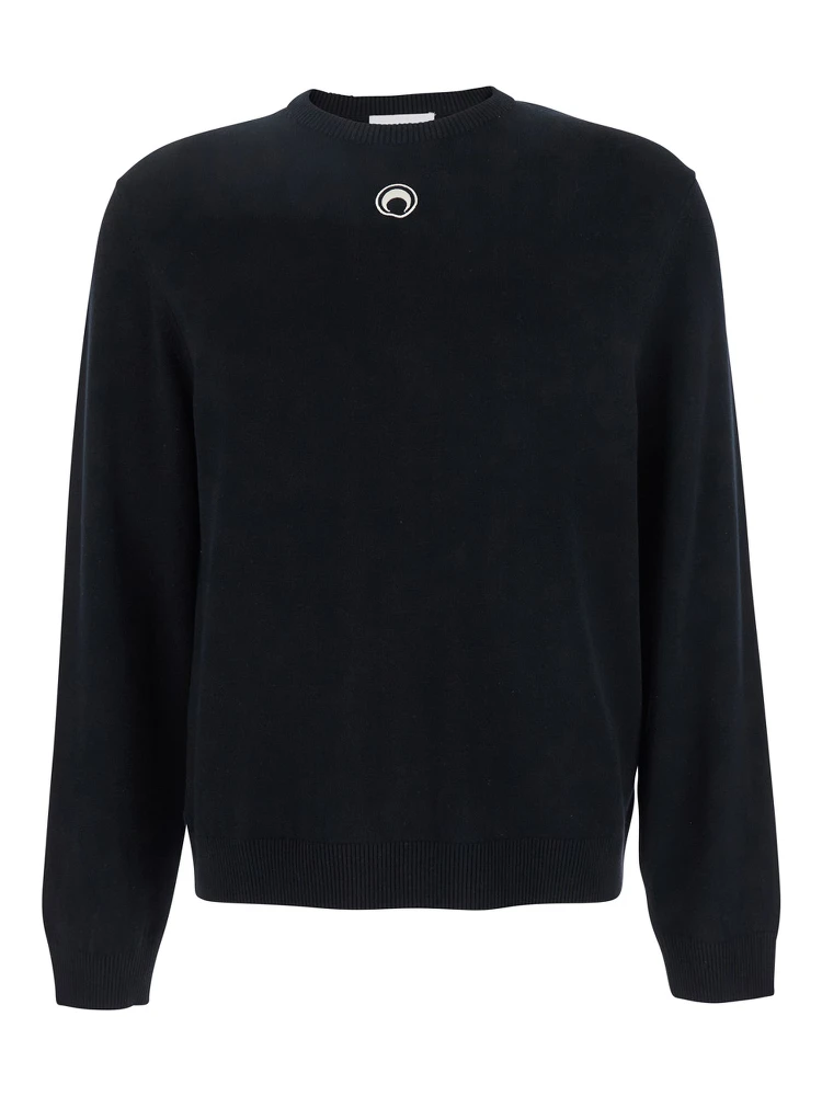Black Crewneck Sweater with Logo Embroidery on the Front in Viscose Stretch Man