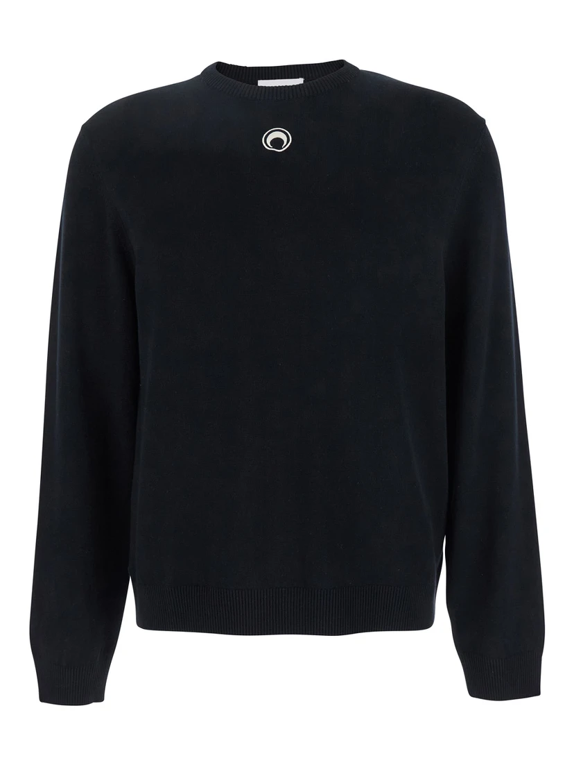 Black Crewneck Sweater with Logo Embroidery on the Front in Viscose Stretch Man