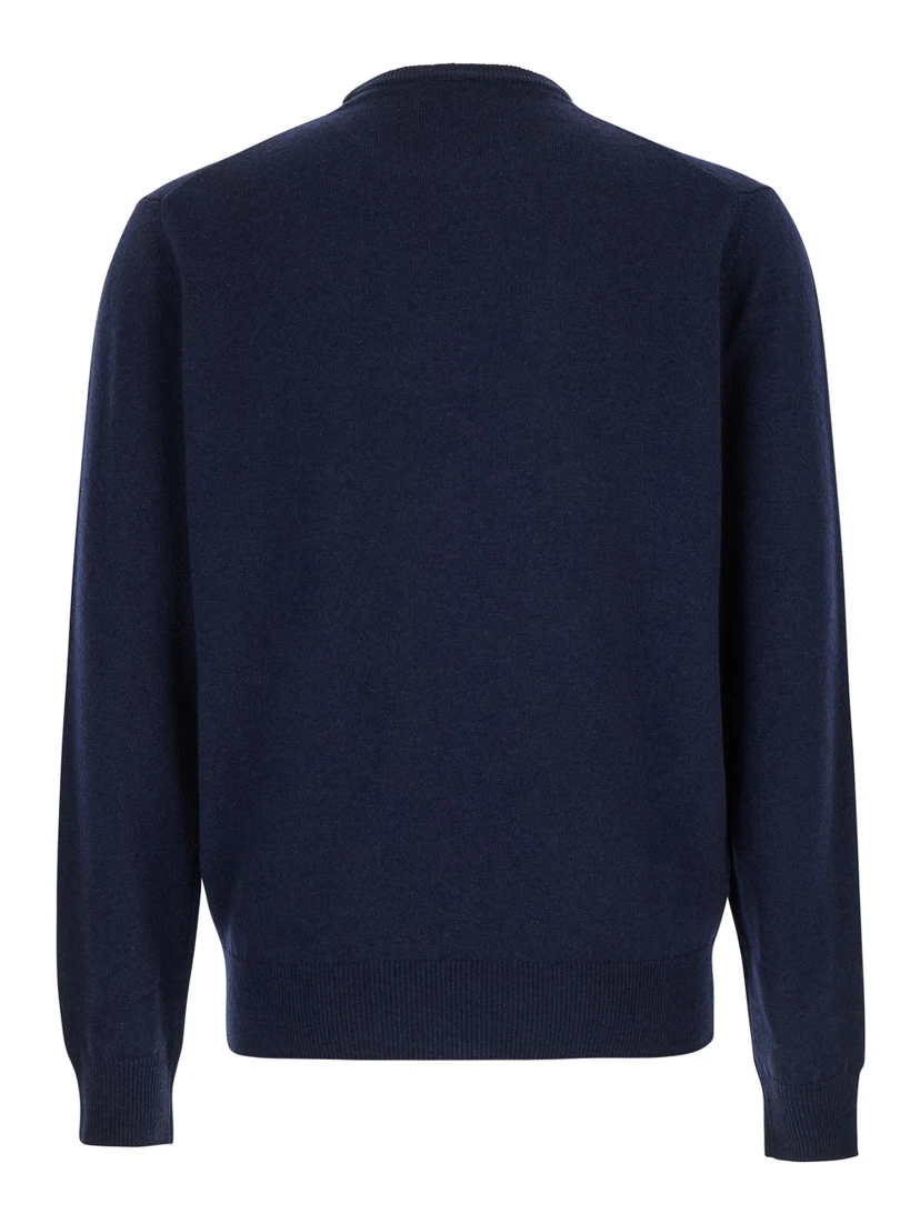 كنزة صوفية زرقاء برقبة دائرية من مزيج صوف ميرينو والحرير للرجال