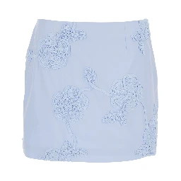 Light Blue Mini Skirt with Low Waist and All-Over Floral Motif in Cotton Woman