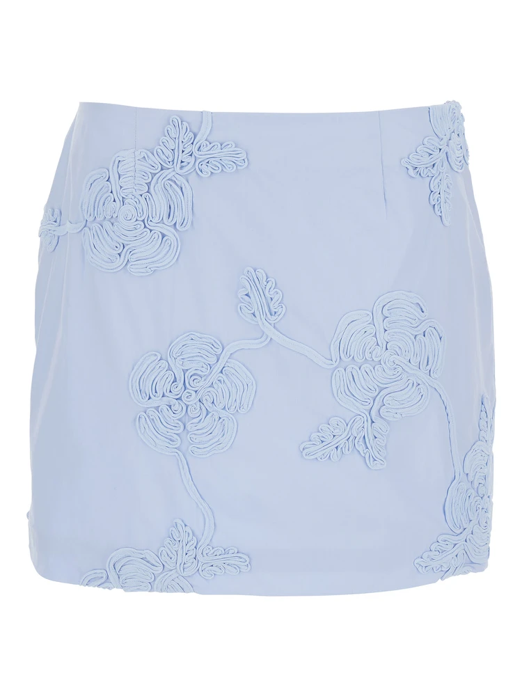 Light Blue Mini Skirt with Low Waist and All-Over Floral Motif in Cotton Woman