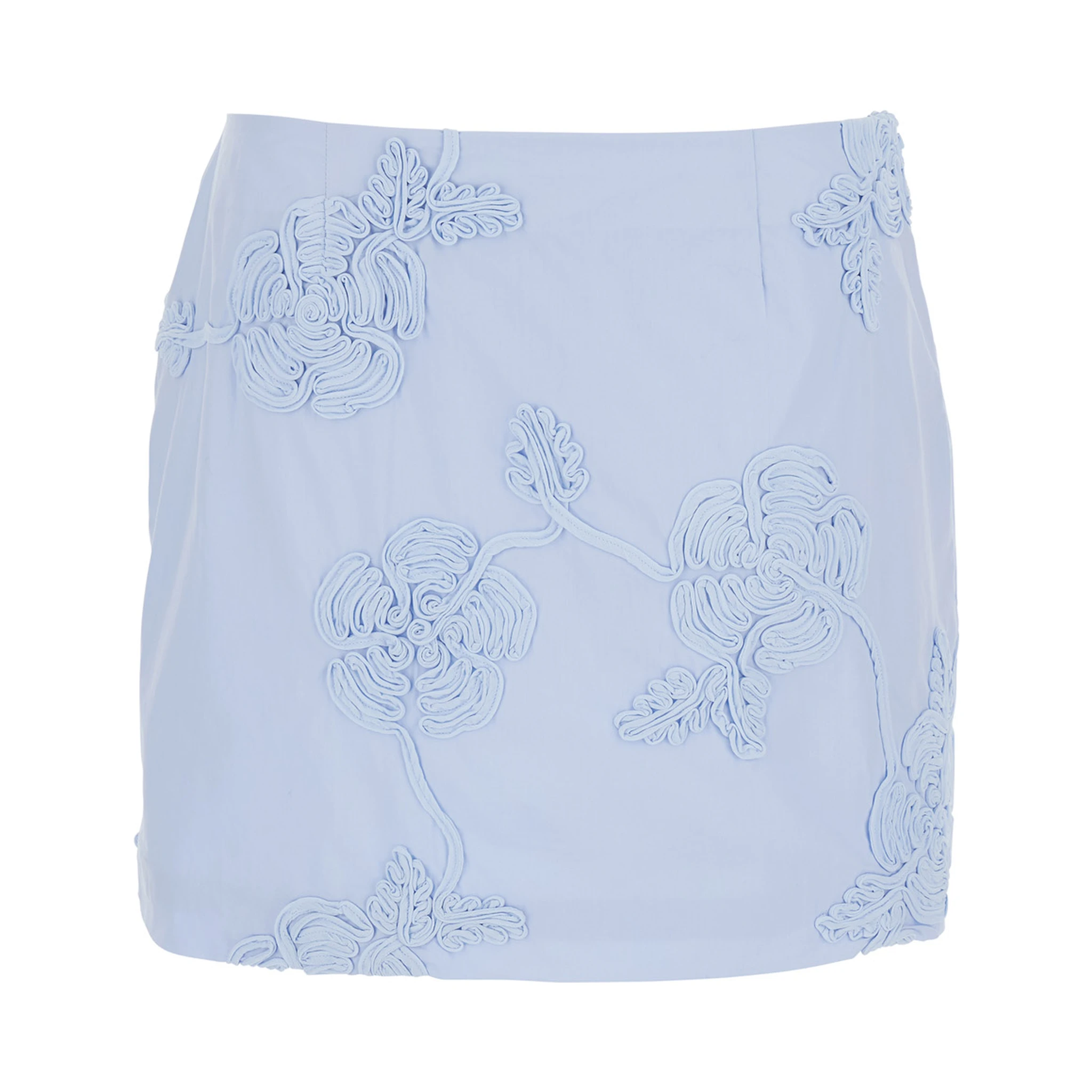 Light Blue Mini Skirt with Low Waist and All-Over Floral Motif in Cotton Woman