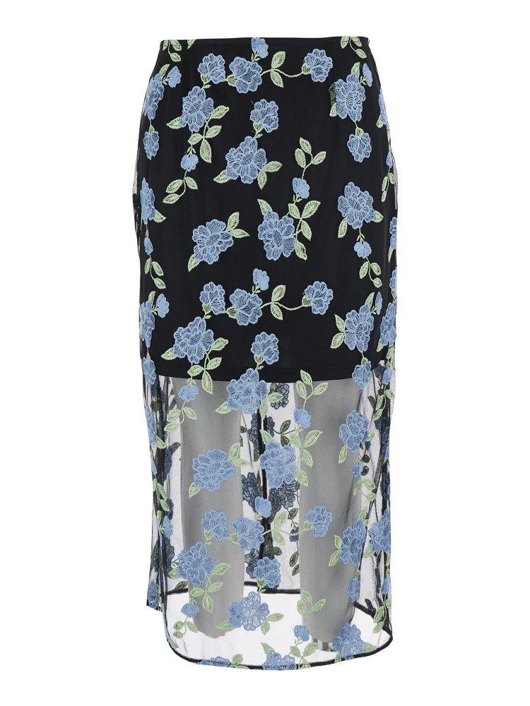 Black Pencil skirt with Mesh Panels and All-Over Floral Motif in Tech Fabric Woman