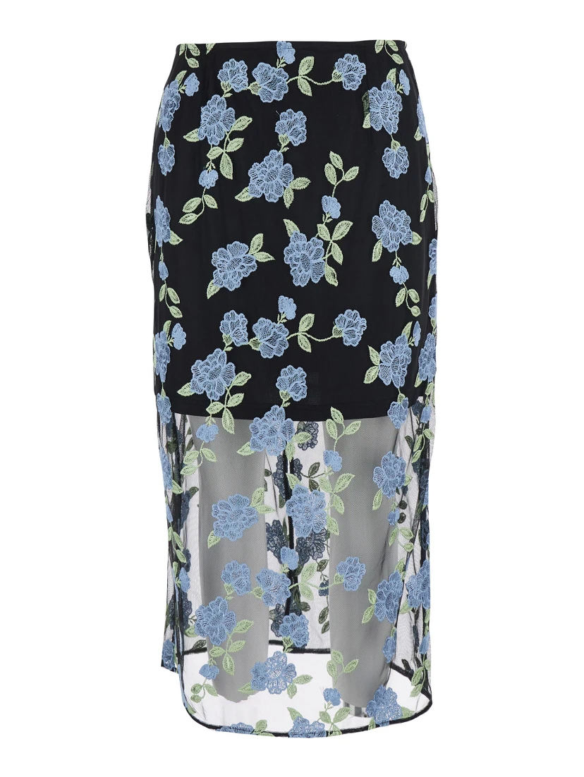 Black Pencil skirt with Mesh Panels and All-Over Floral Motif in Tech Fabric Woman
