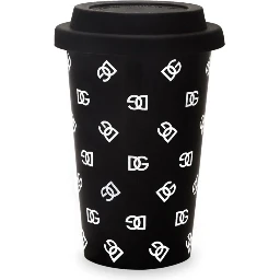 Black Mug with Lid and All-Over Logo Detail in Porcelain and Sylicon Home