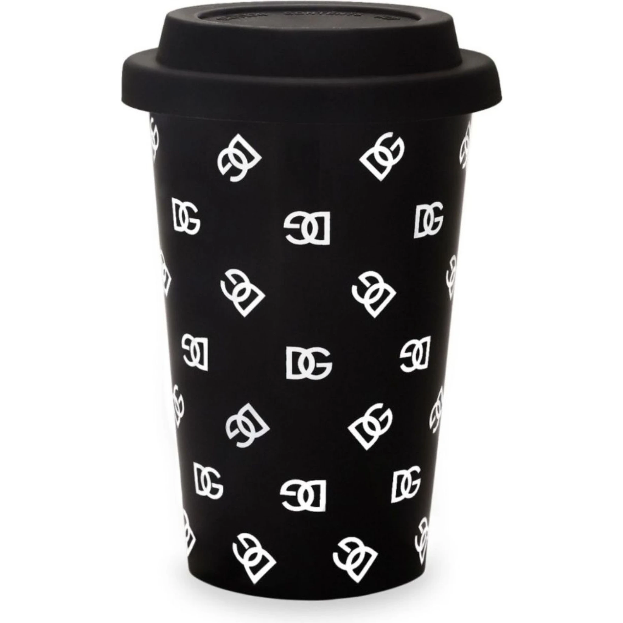 Black Mug with Lid and All-Over Logo Detail in Porcelain and Sylicon Home