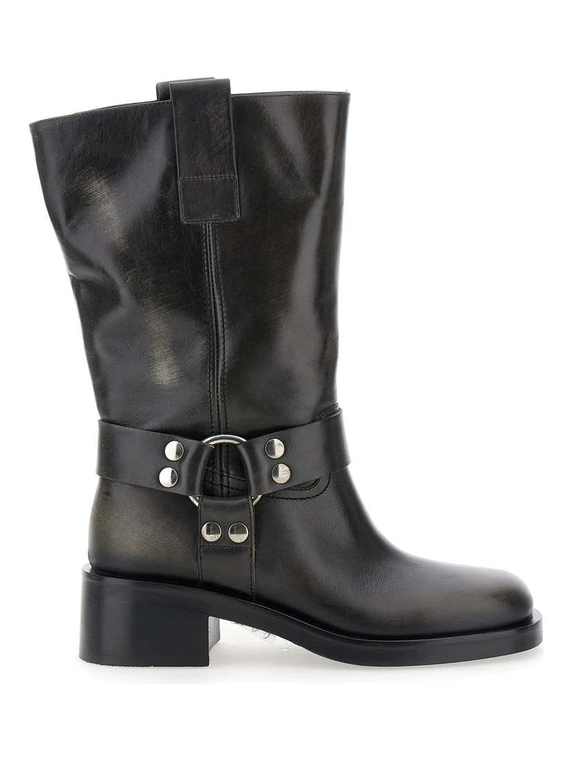 Black Ankle Boots with Studs and Ring in Leather Woman