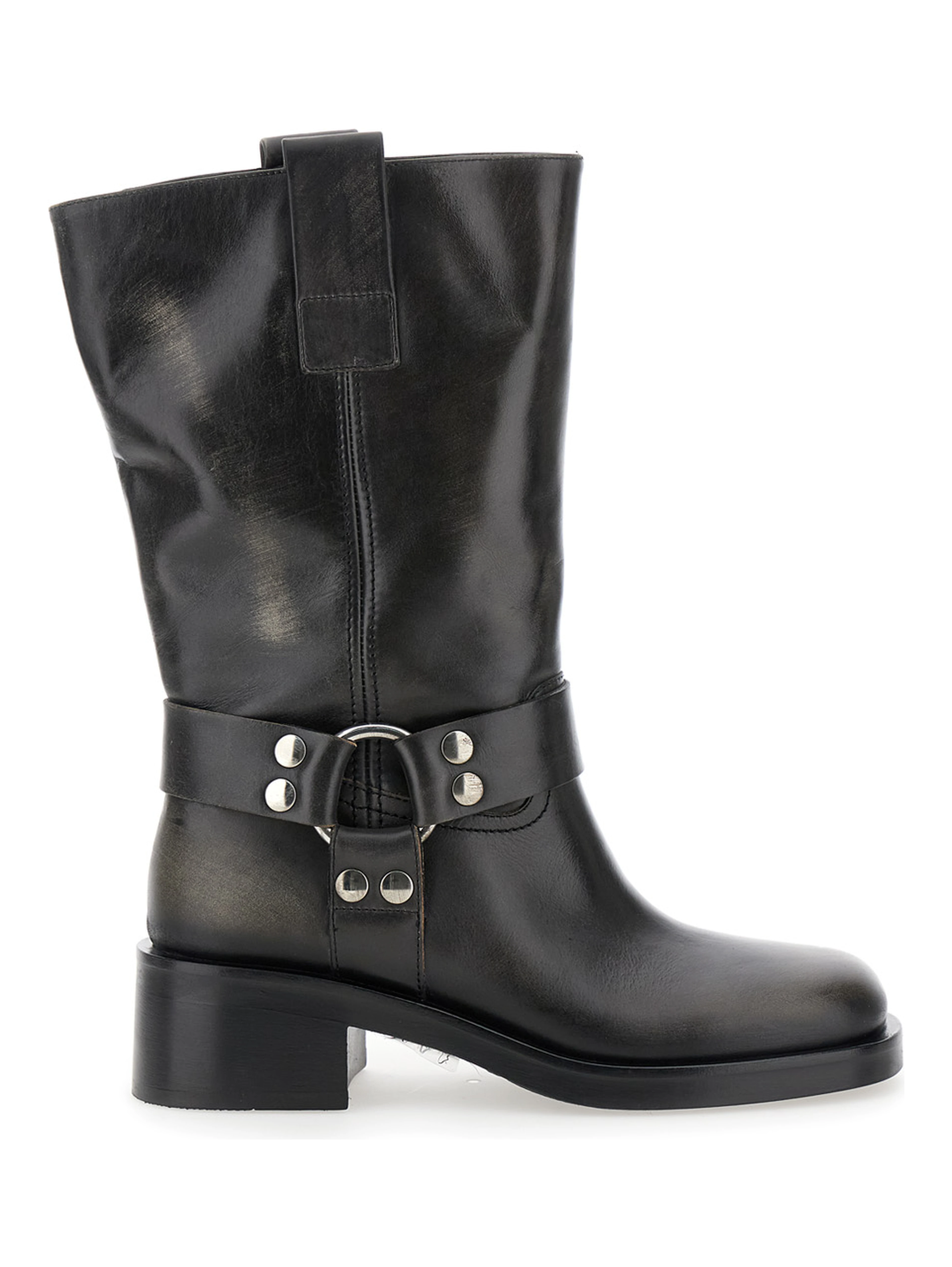 Black Ankle Boots with Studs and Ring in Leather Woman