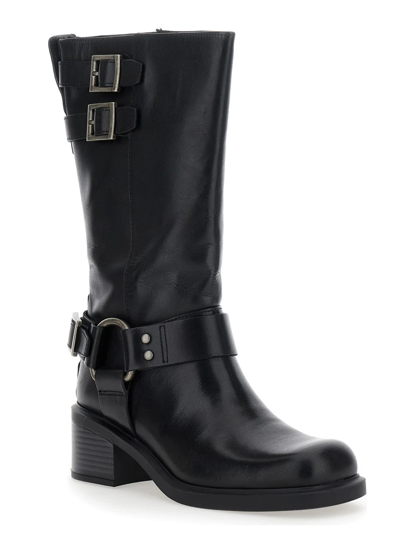 Daniella Black Ankle Boots with Buckles in Leather Woman