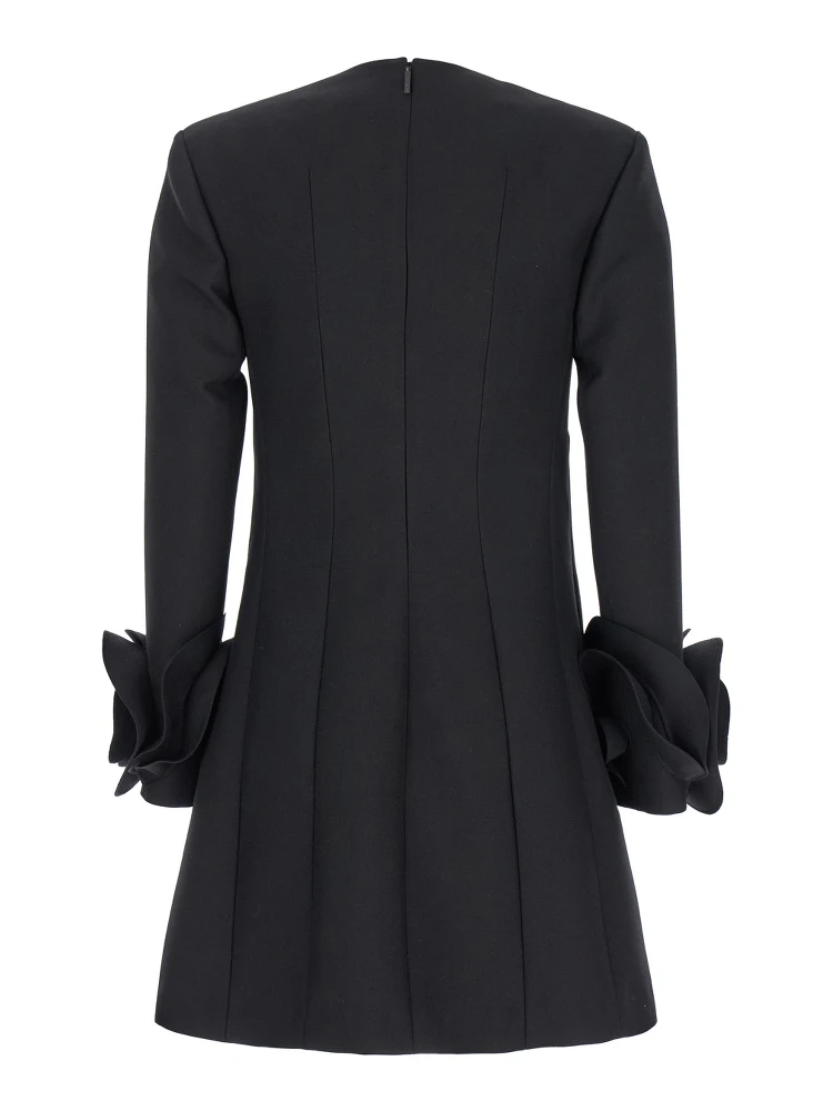 Black Crewneck Short Dress with Floral Detail in Wool Woman alternative