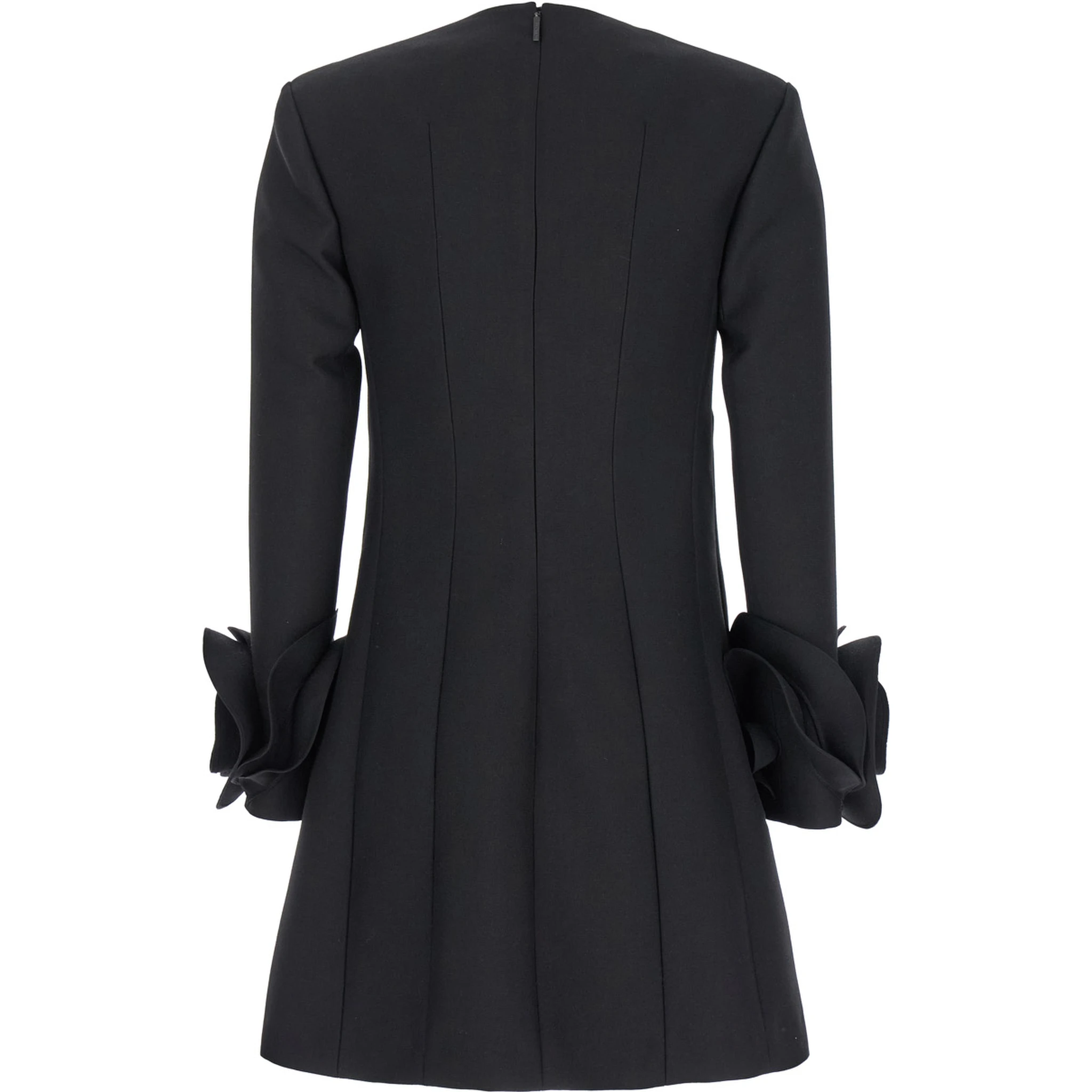 Black Crewneck Short Dress with Floral Detail in Wool Woman