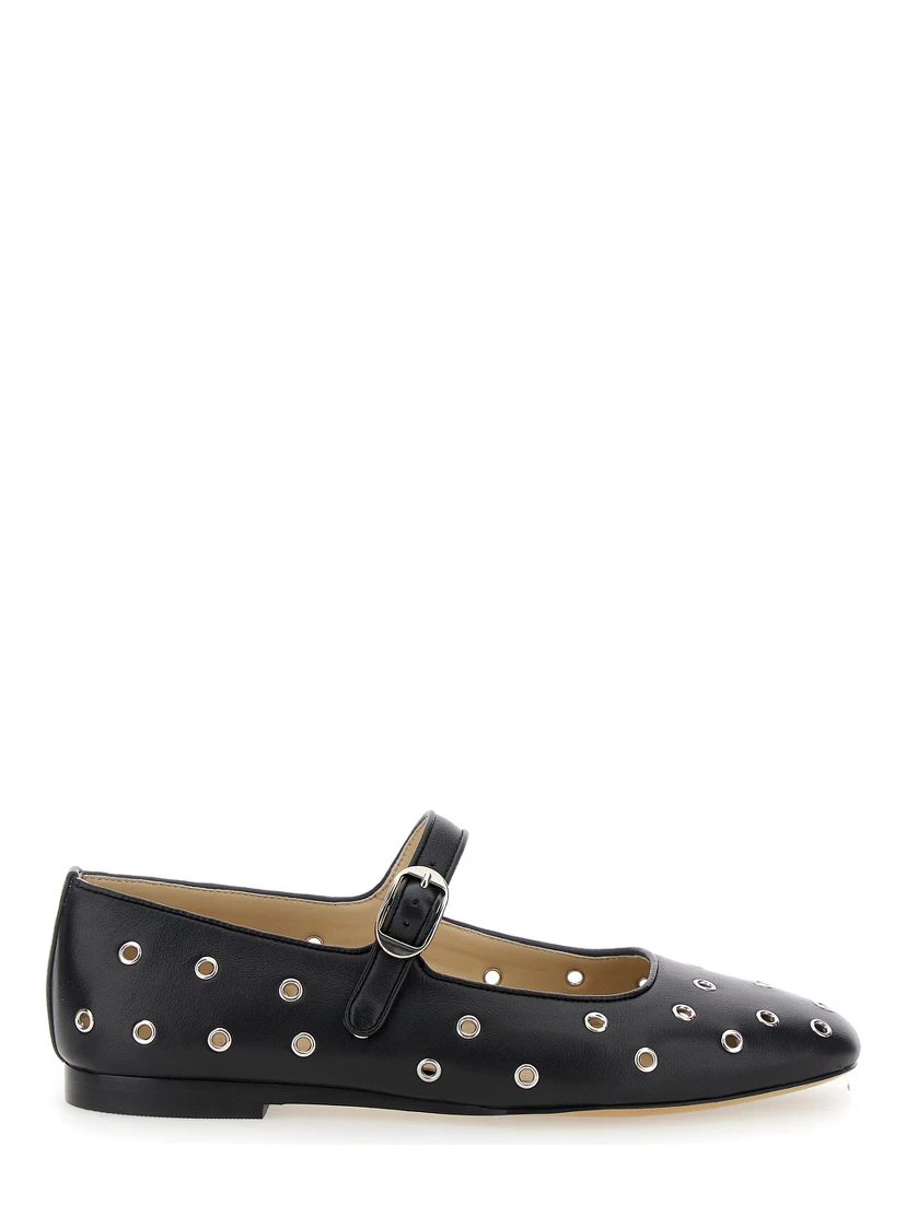 Mary Jane Black Ballerinas with Eyelets in Leather Woman