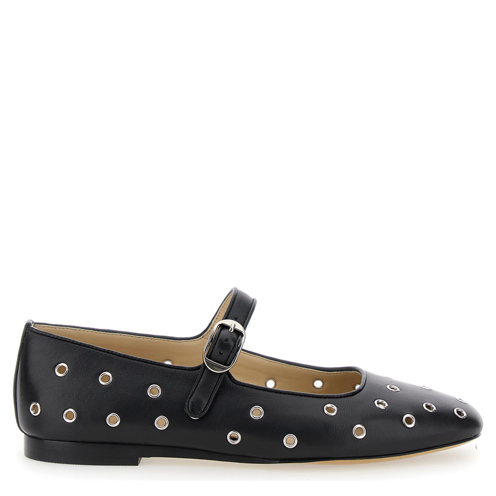 Mary Jane Black Ballerinas with Eyelets in Leather Woman