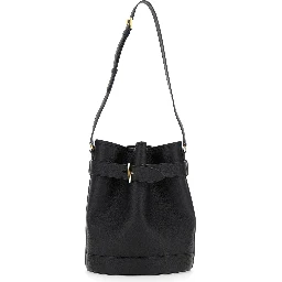 Black Medium Bucket Bag with Adjustable Shoulder Strap and Buckle Closure in Grained Leather Woman