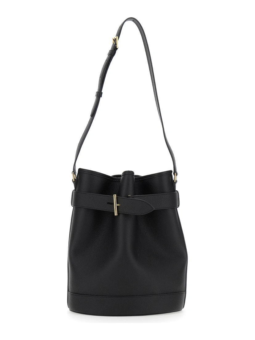 Black Medium Bucket Bag with Adjustable Shoulder Strap and Buckle Closure in Grained Leather Woman
