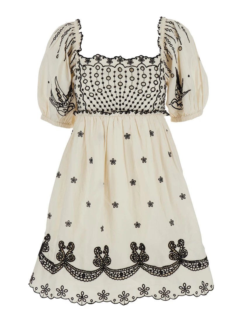 Kingsley White Dress with All-Over Embroidery in Cotton Woman