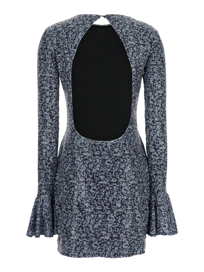 Mini Blue Backless Dress with All-Over Sequins Woman