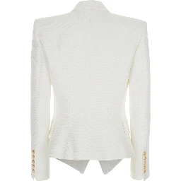 White Double-breasted Jacket with Peak Lapels and Logo Buttons in Fabric Women