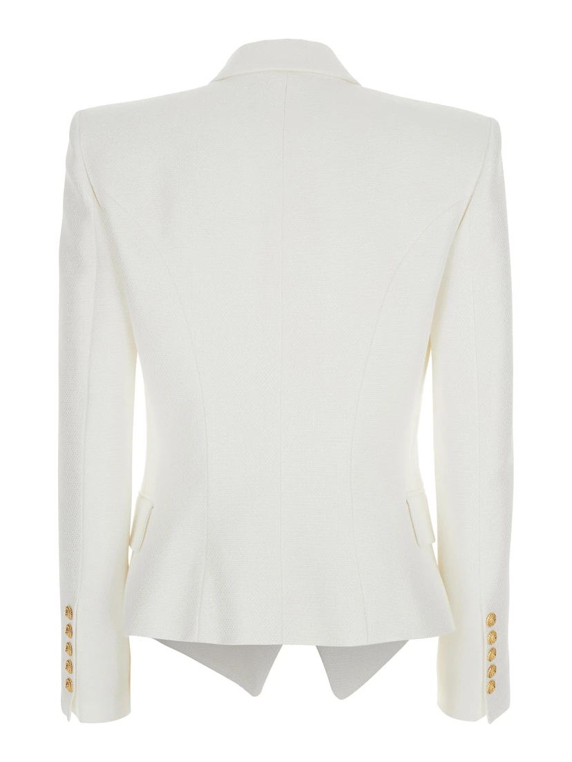 White Double-breasted Jacket with Peak Lapels and Logo Buttons in Fabric Women