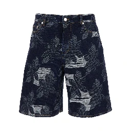 Blue Bermuda Shorts with All-Over Floral Embroidery and Logo Patch on the Back in Denim Man