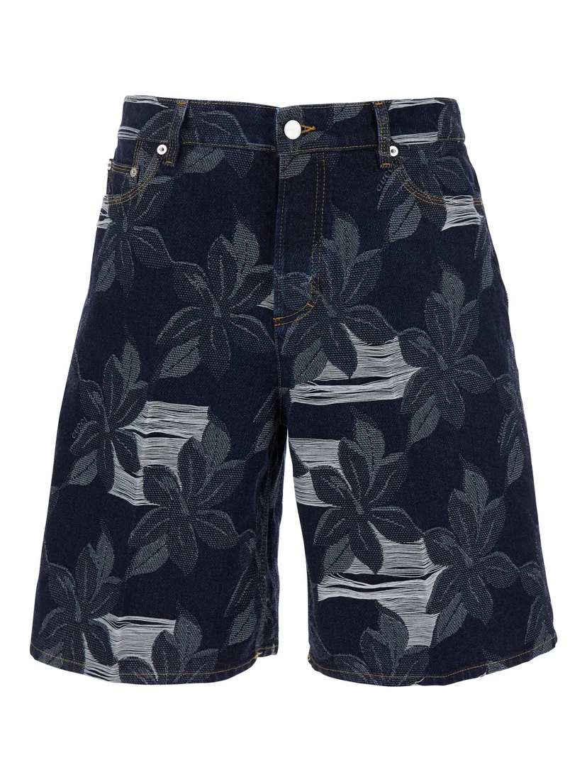 Blue Bermuda Shorts with All-Over Floral Embroidery and Logo Patch on the Back in Denim Man