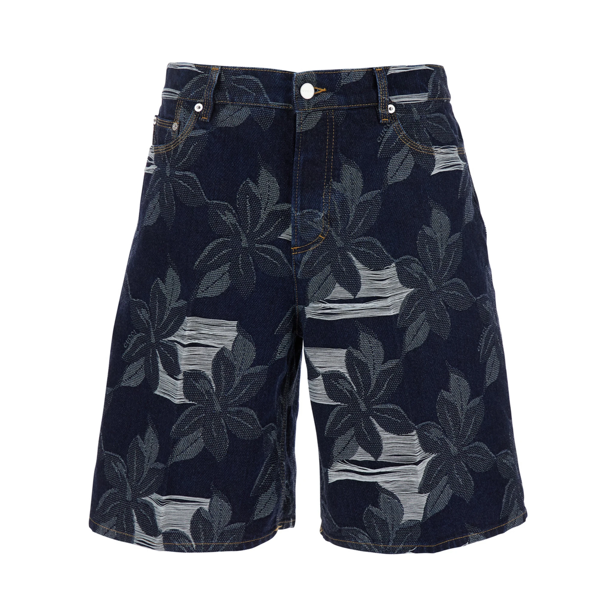 Blue Bermuda Shorts with All-Over Floral Embroidery and Logo Patch on the Back in Denim Man