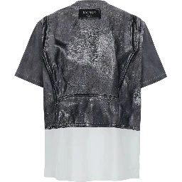Black and White Crewneck T-Shirt with Layered Design in Cotton Man