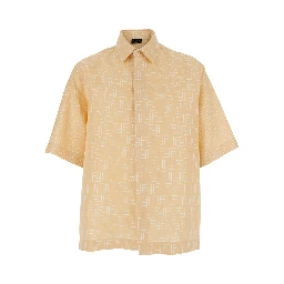 Yellow Shirt with Wide Short Sleeves and All-Over FF Motif in Linen Blend Man