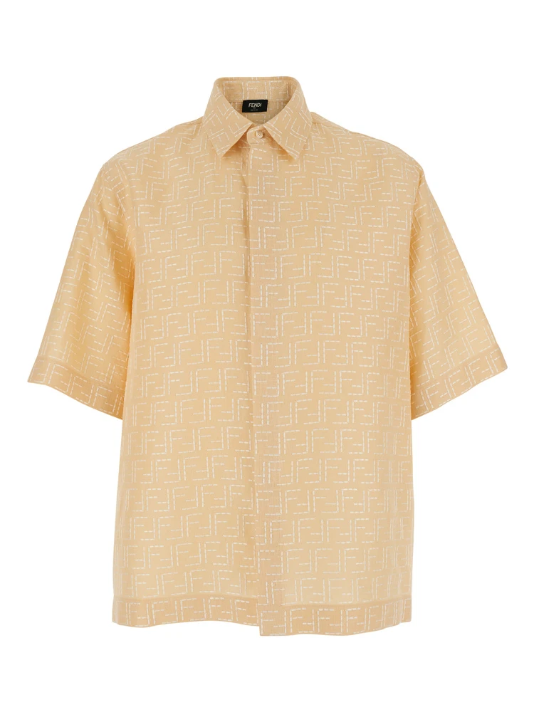 Yellow Shirt with Wide Short Sleeves and All-Over FF Motif in Linen Blend Man