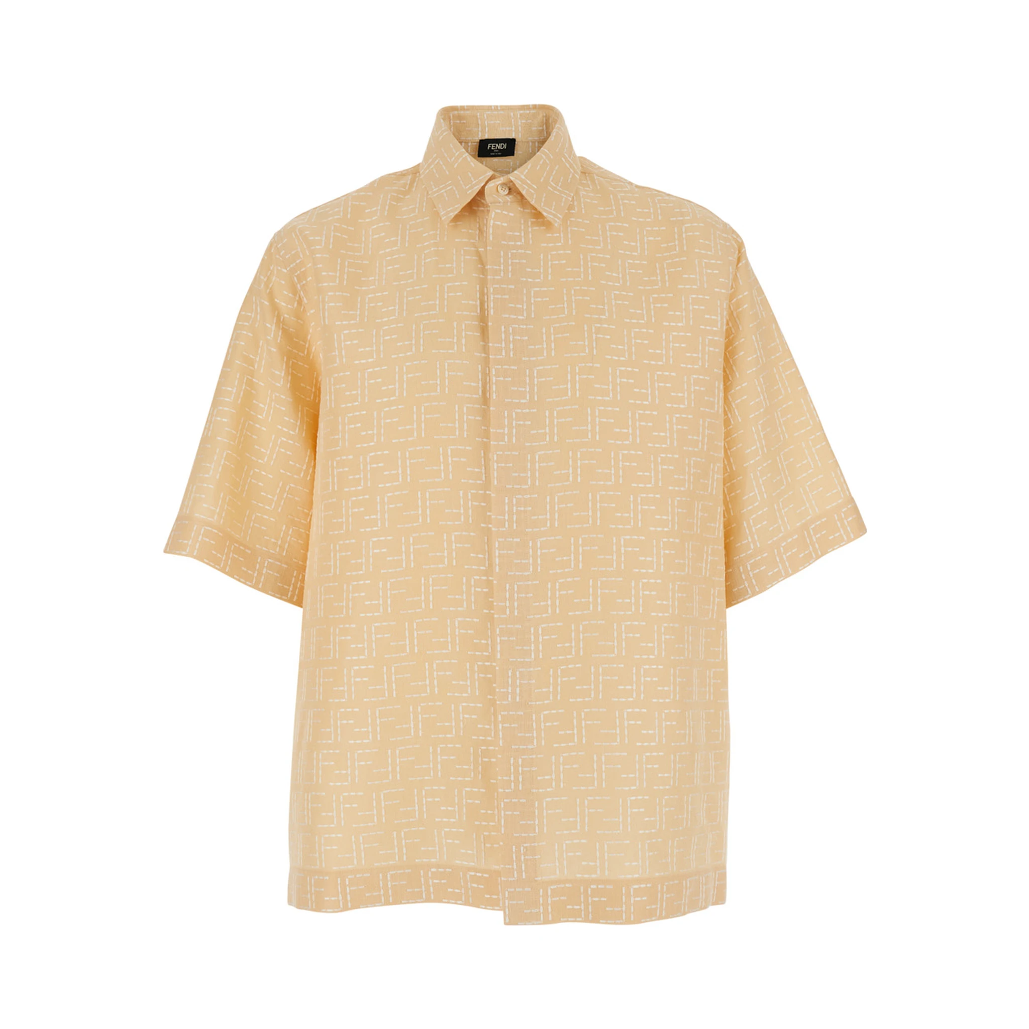 Yellow Shirt with Wide Short Sleeves and All-Over FF Motif in Linen Blend Man
