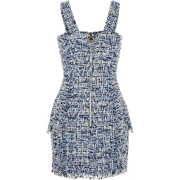 Blue Dress with Frayed Details in Tweed Woman