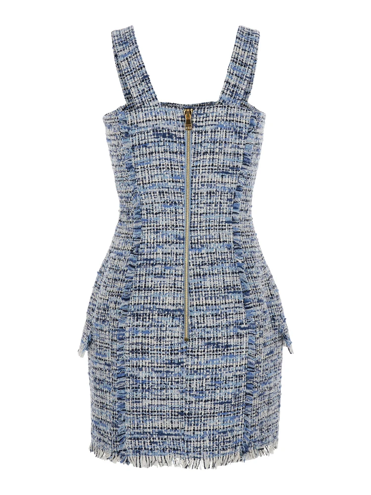 Blue Dress with Frayed Details in Tweed Woman alternative
