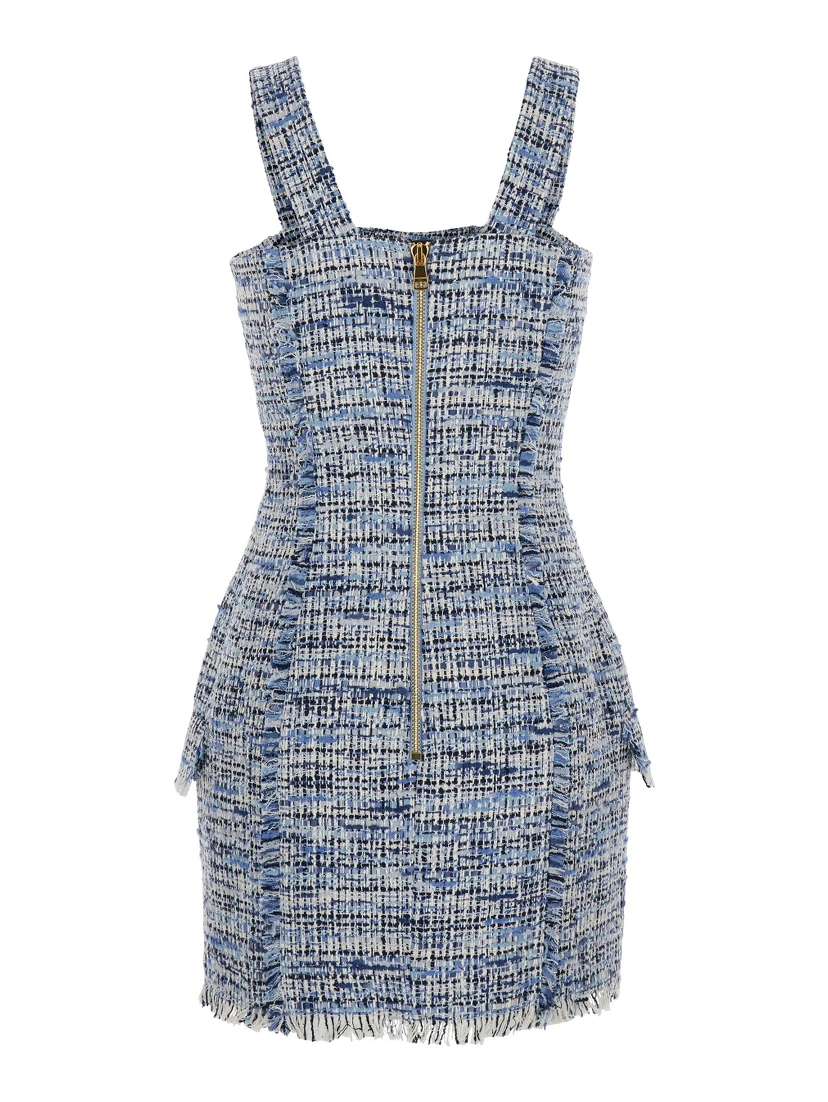 Blue Dress with Frayed Details in Tweed Woman