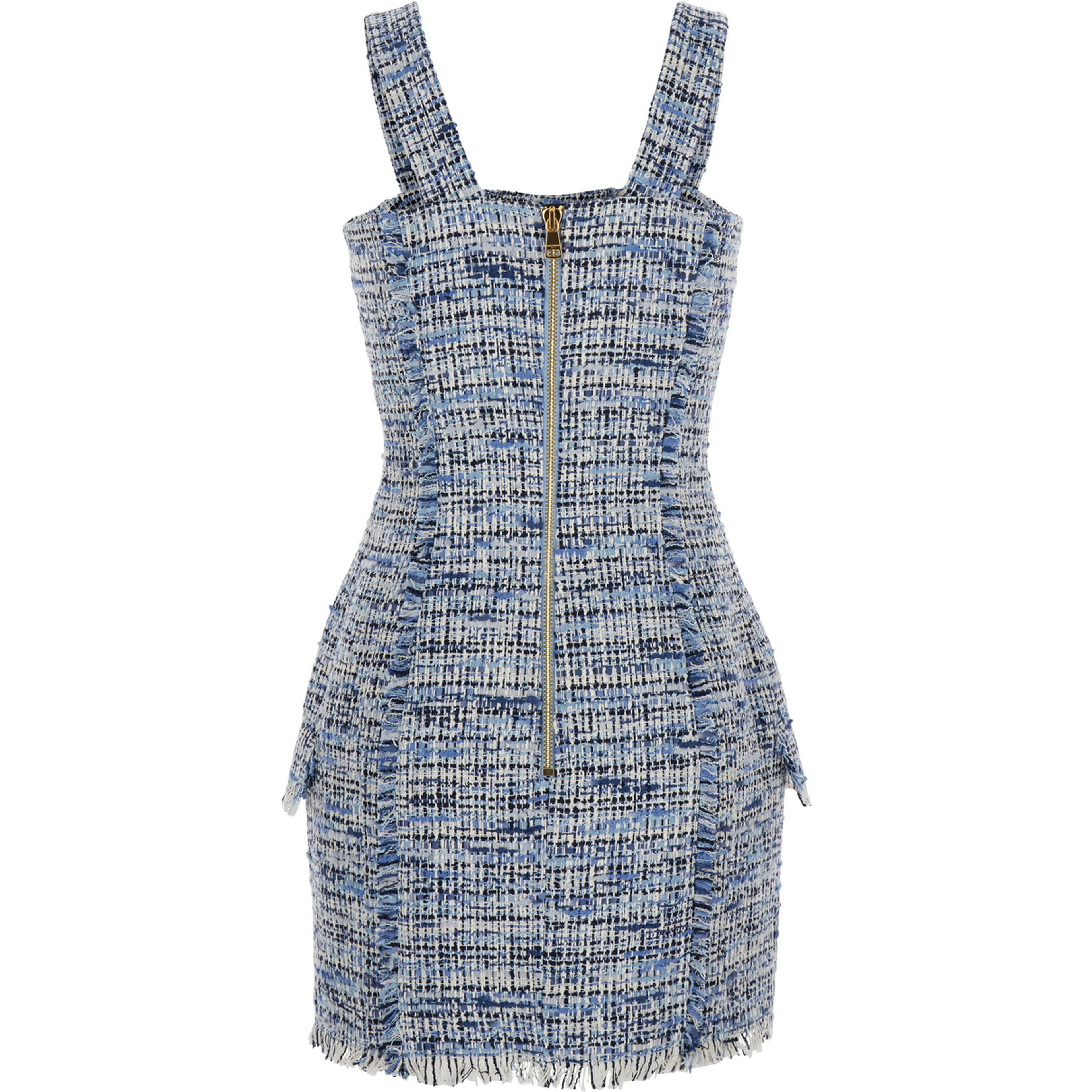Blue Dress with Frayed Details in Tweed Woman