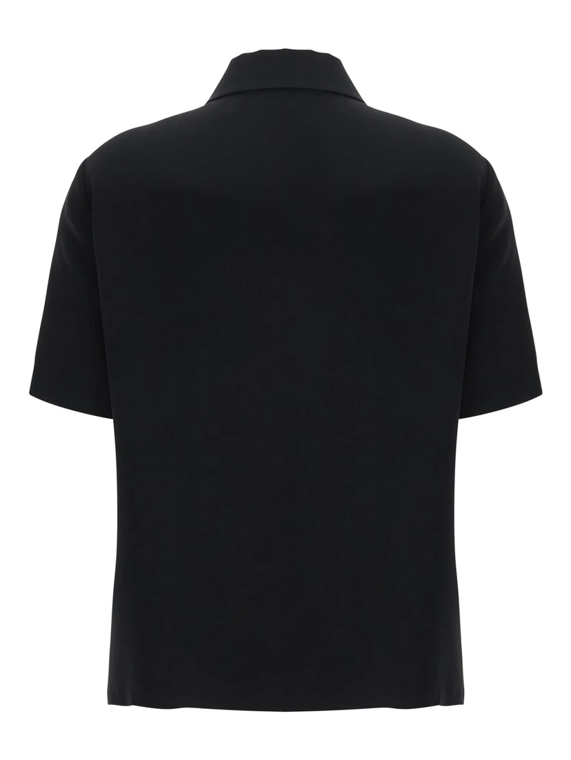 Black Polo Shirt with Classic Collar and Logo Lettering on the Front in Silk Woman