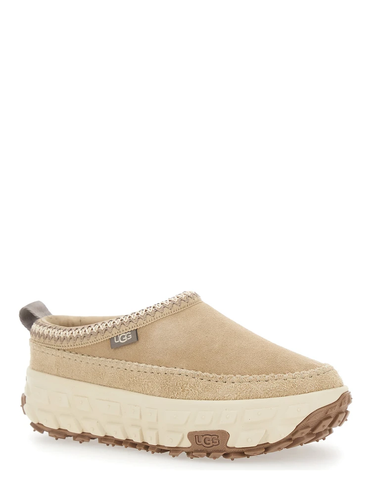 Venture Daze Beige Mules with Decorative Stitching and Side Logo Patch in Suede Man alternative