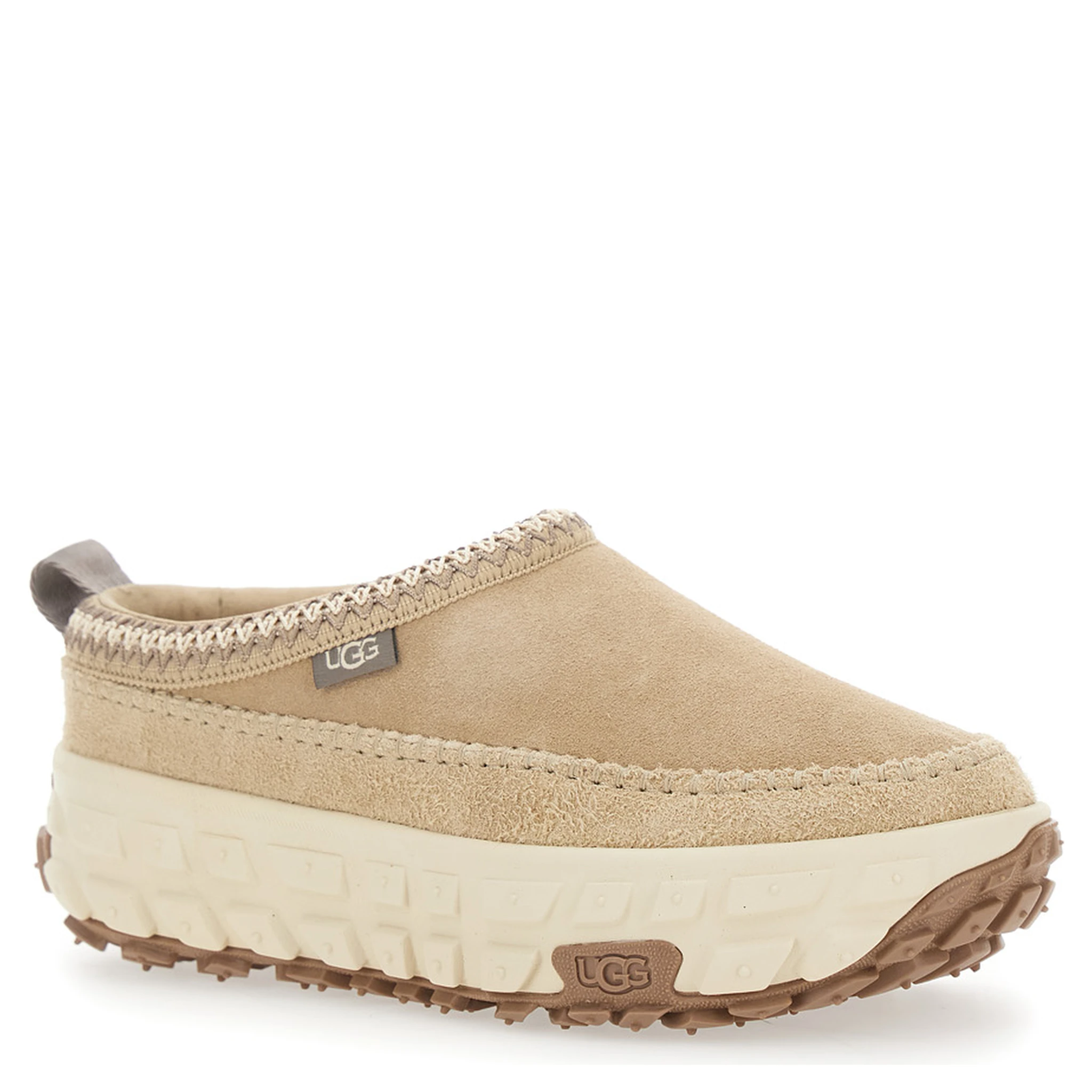 Venture Daze Beige Mules with Decorative Stitching and Side Logo Patch in Suede Man