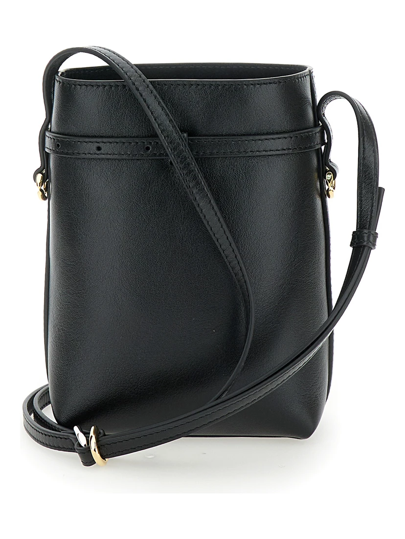 Voyou Black Crossbody Bag with Laminated Logo and Buckle in Leather Woman