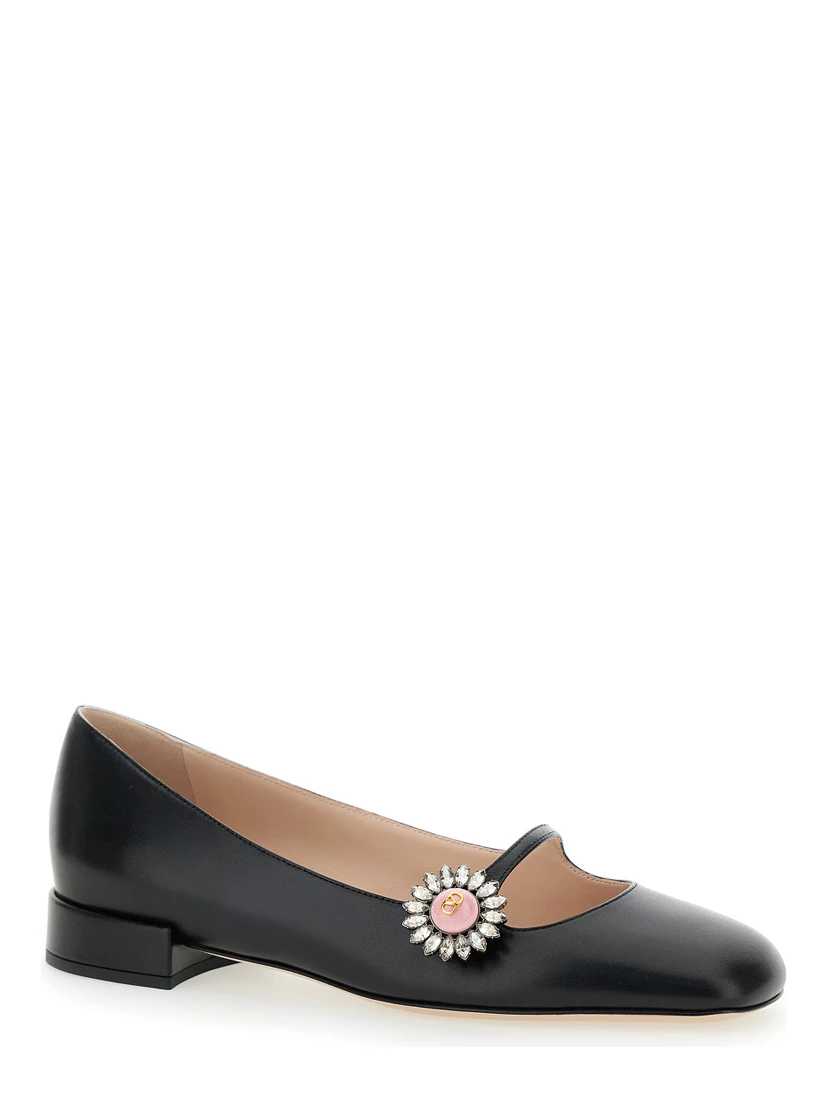 Black Ballet Shoes with Floral Detail with VLogo in Leather Woman