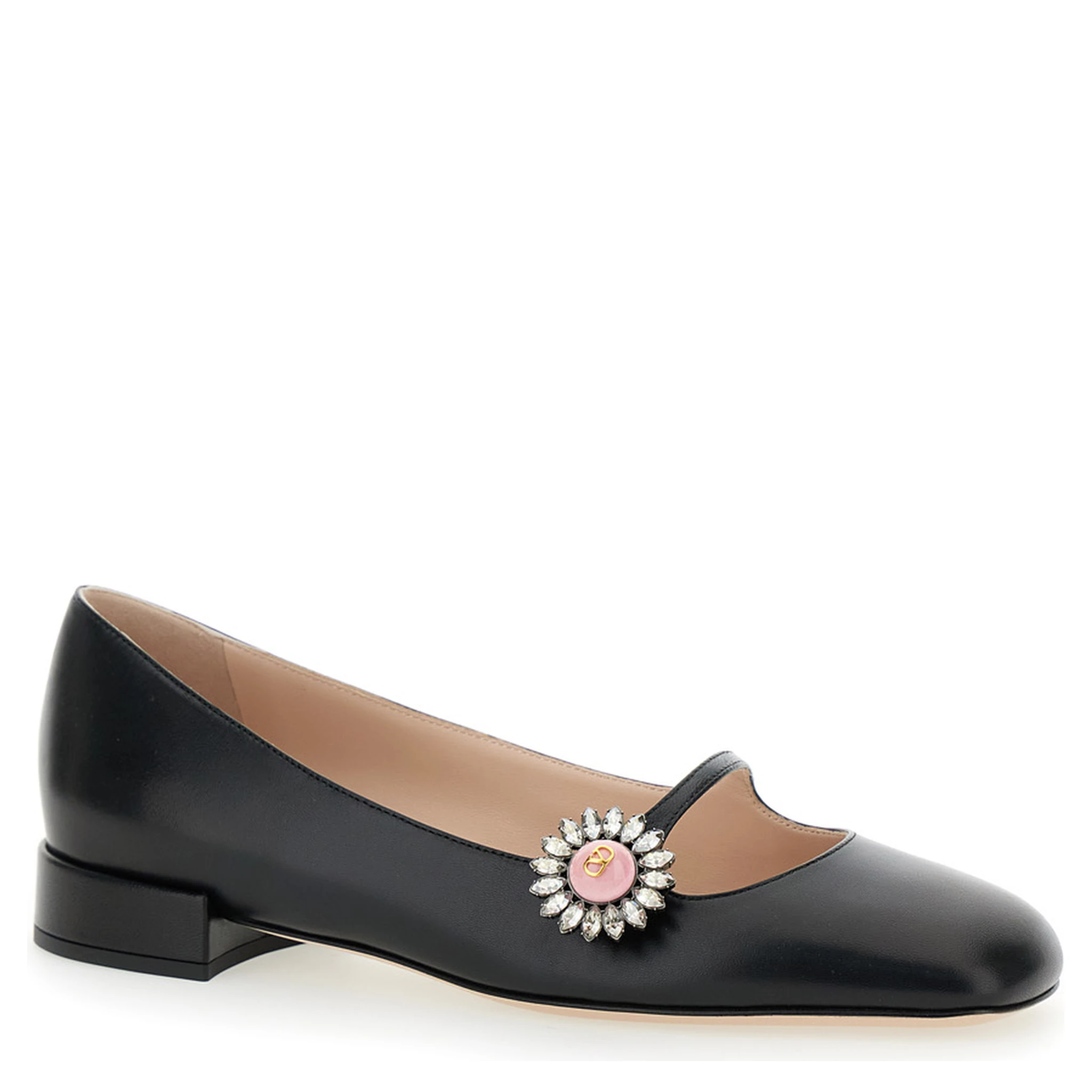 Black Ballet Shoes with Floral Detail with VLogo in Leather Woman