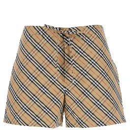 Beige Shorts with Elastic Drawstring Waist and All-Over Check Motif in Cotton Woman