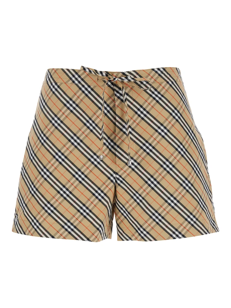 Beige Shorts with Elastic Drawstring Waist and All-Over Check Motif in Cotton Woman