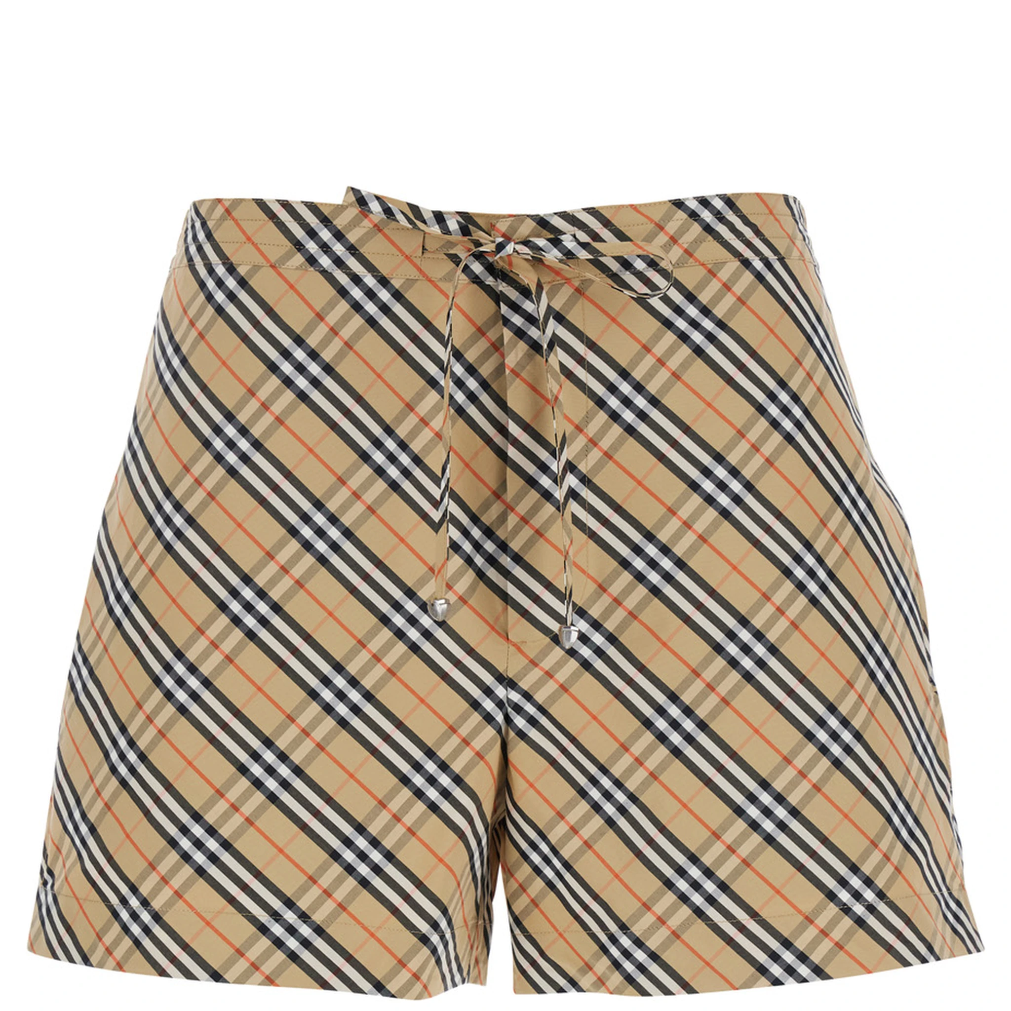 Beige Shorts with Elastic Drawstring Waist and All-Over Check Motif in Cotton Woman